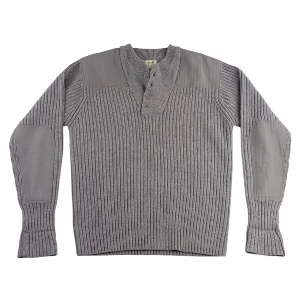 L.L.Bean Men’s Commando Henley Sweater L Gray Merino Lambswool Patches F237